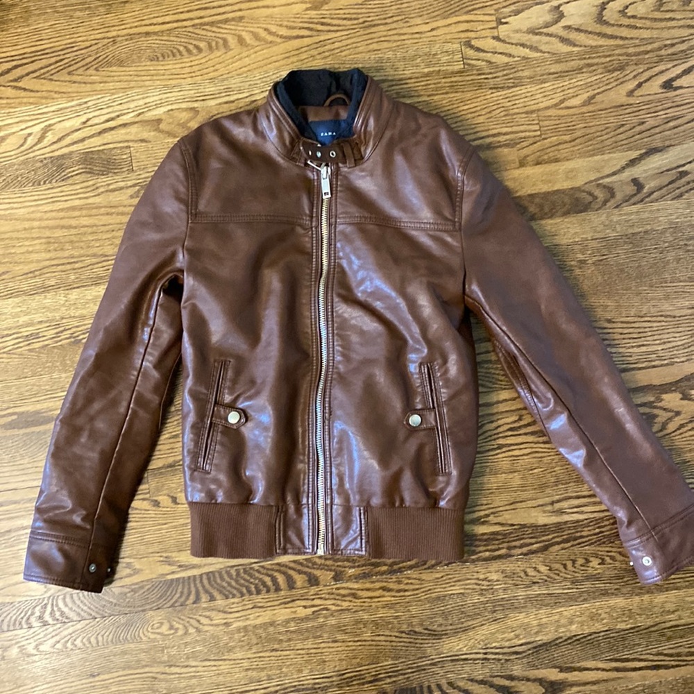 Zara Man Brown Faux Leather Zip Up Moto Jacket Size Small